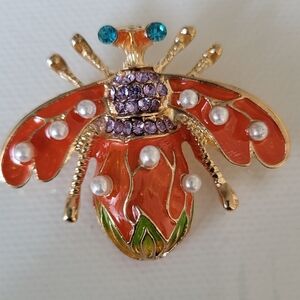 Colorful Bee Brooch with Gem & Faux Pearls